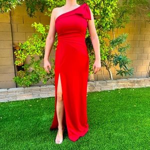 Long red, one shoulder progress